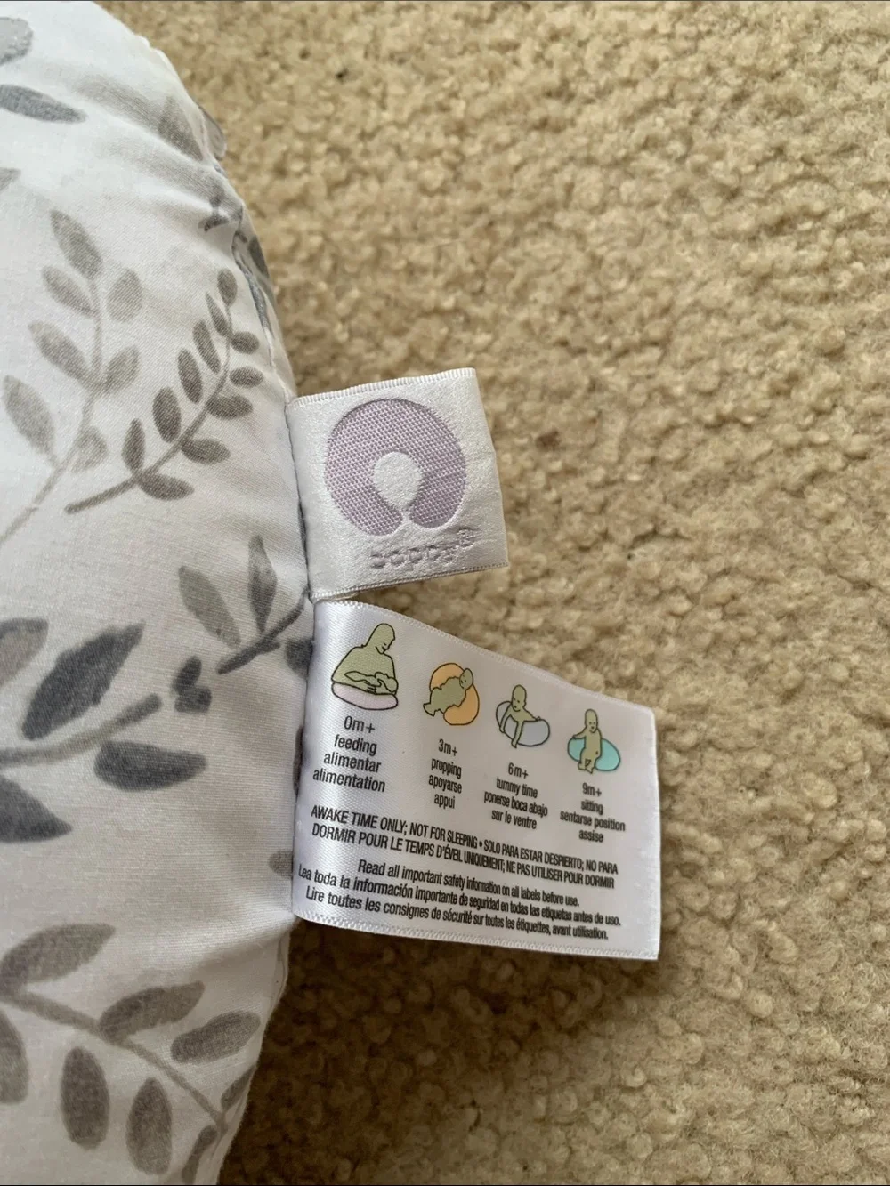 Boppy Nursing Pillow Breastfeeding Support Gray Leaf Print